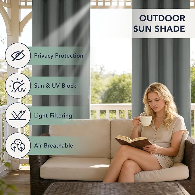 Outdoor Curtains for Patio Waterproof - 6 Panels Privacy Weatherproof Outside Curtains with Grommets for Pergola, Gazebo, Porch, Cabana, Balcony, 54 x 108 Inch, Grey