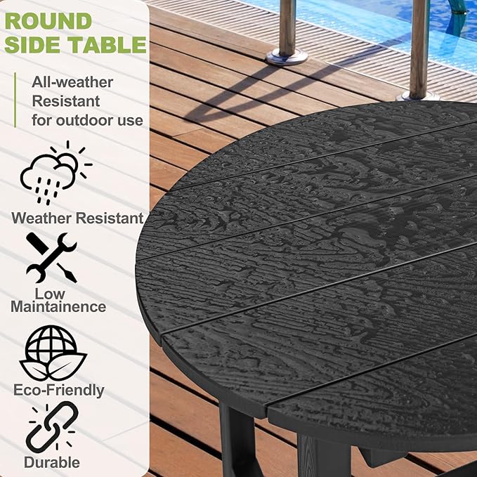 Y&M Outdoor Side Table, Waterproof Four-Legged Round Entryway End Table, Single-Tier HDPE Modern Small Coffee Nightstand for Bedroom, Living Room, Patio, Indoor or Outdoor Use, Black