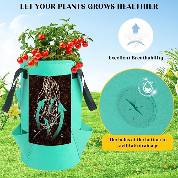 5 Pack Upside Down Strawberry Hanging Planter, 3 Gallon Tomato Hanging Grow Bags with 5 Hooks, Hanging Tomato Strawberry Grow Planters Vegetable Planting Bags with 6 Planting Holes for House Garden