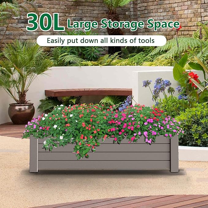 Raised Garden Bed, 21 Gallon Self-Watering Outdoor Raised Planter Box with Drainage Plug and Gauge for Vegetables, Flowers and Herbs, Durable Rustproof Resin for Backyard Patio Porch (Grey)