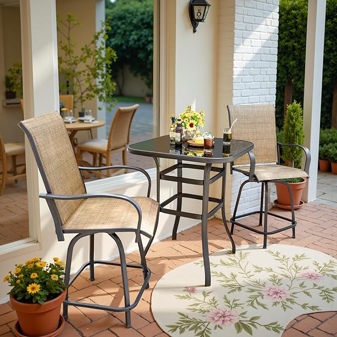 Devoko Patio Swivel Bar Set 3 Pieces Patio High Top Bar Table and Stools Chairs Set Textilene Sling Fabric Outdoor Bar Stools Set of 2 for Garden, Balcony