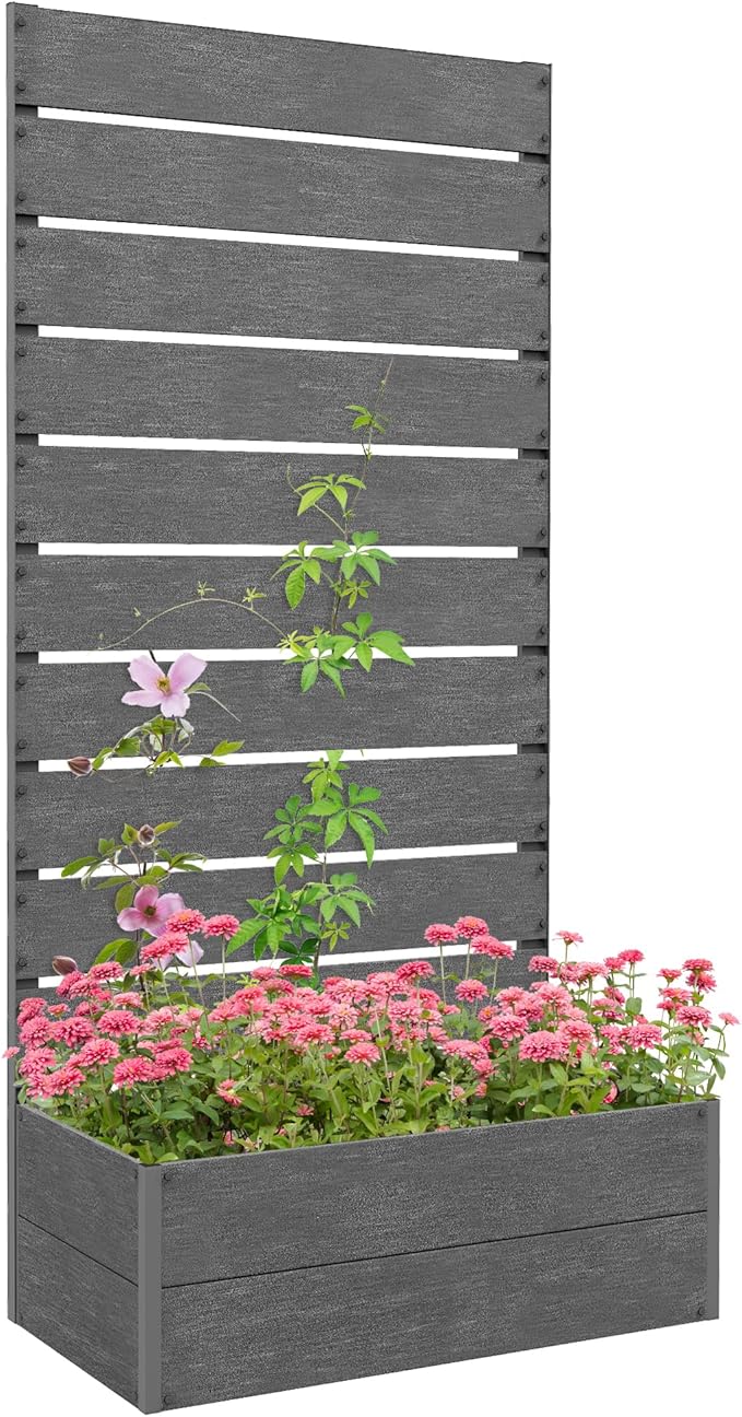 Outsunny Raised Garden Bed with Trellis for Climbing Plants, Planter Box with Self Draining Gap, Freestanding Trellis Planter for Outdoor, Patio, Deck, 28.25" x 15" x 59", Gray