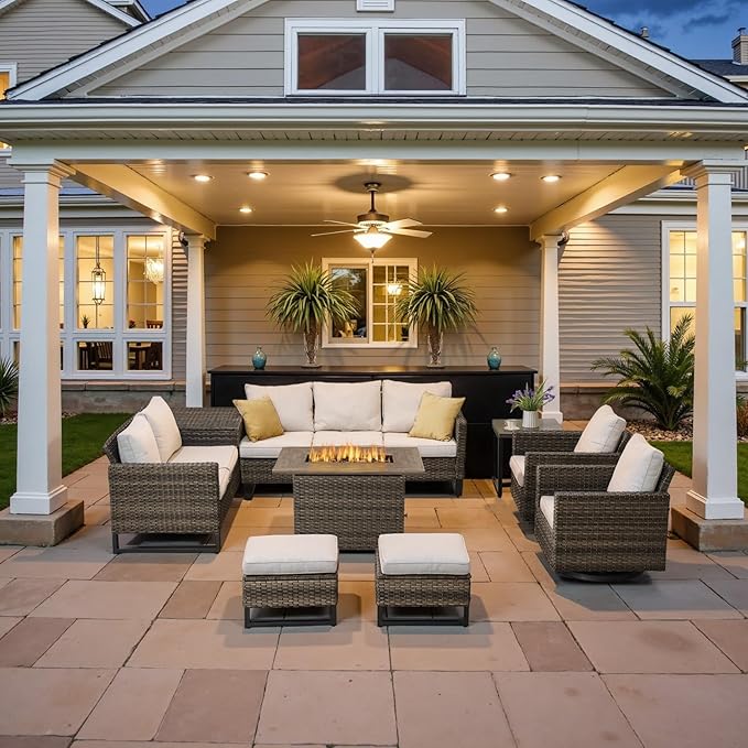 Belord Outdoor Sectional Sofa with 41" Propane Fire Pit Table - 9 Piece Patio Conversation Set with Storage Box and Swivel Rocker Chairs All-Weather PE Wicker Furniture Set Gray