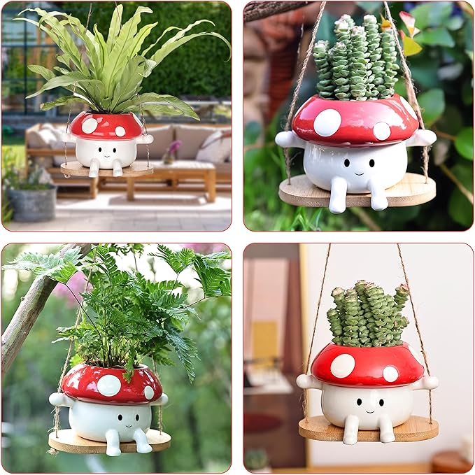 Fungi Fun Mushroom Hanging Planter Pot, Cute Ceramic Swing Face Planter for Indoor & Outdoor, Unique Mushroom Planters for Succulents, String of Pearls Plant, Small Hanging Planters Red & White