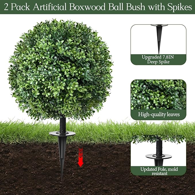 Artificial Topiary Bushes for Outdoors with Spike, Boxwood Ball Fake Shrubs UV Resistant Faux Plants for Indoor Outdoor Fall Thanksgiving Halloween Decor (Artificial Topiary Boxwood Ball Tree)