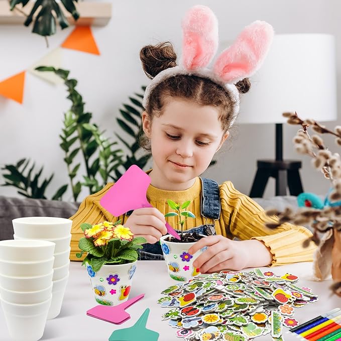Cinrobiye 30 Set Garden Paper Pot Craft Kit，DIY Flower Plant Crafts with 216 Foam Stickers Watercolor Pens Plastic Plant Tags for Spring Summer Gardening Art Project Classroom Party Activities (Big)
