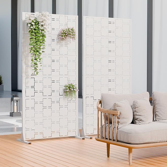 Casaphoria Metal Privacy Screen Outdoor, 72" H x 35" W Freestanding Decorative Privacy Screen for Patio Deck Balcony Garden with Stable Base, White-Square