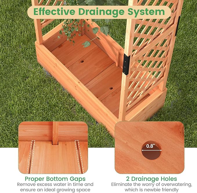 Giantex Raised Garden Bed with Trellis & Hanging Roof, Wood Planter Box with Bottom and Drainage Holes, Freestanding Garden Planter for Flower Vegetable Fruit Herb Climbing Vines, 43.5"x17.5"x72"