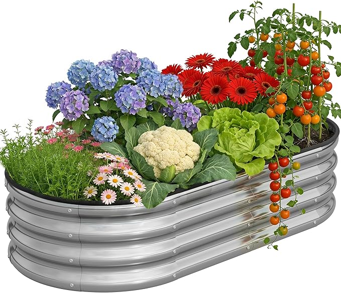 Galvanized Metal Raised Garden Bed Kit for Outdoor Planter Boxes with Easy Assembly,Oval Large Galvanized Gardening Raised Bed for Vegetables, Fruits, Flower (Silver, 4 * 2 * 1ft)