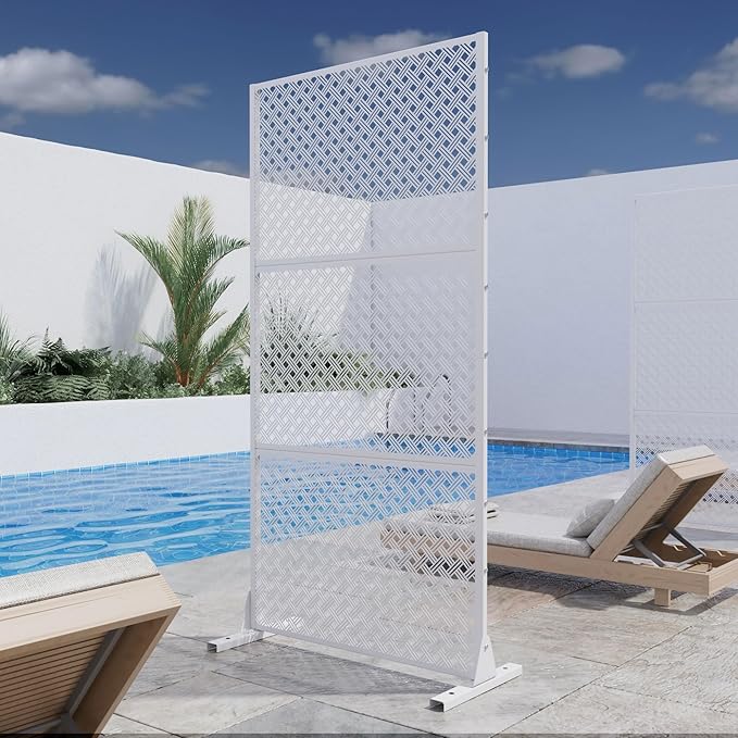 Casaphoria 72" H x 35" W Metal Outdoor Privacy Screen, Freestanding Decorative Divider for Patio, Deck, Balcony, and Garden with Stable Base, White-Jason