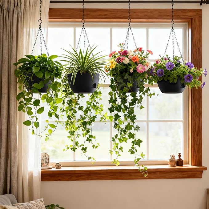 4 Pack 8 Inch Self Watering Hanging Planters for Indoor Outdoor Plants，Hanging Pots for Plants with Drainage Removable Tray, Hanging Baskets Flower Pots for Ivy Pothos Spider Garden Porch Black