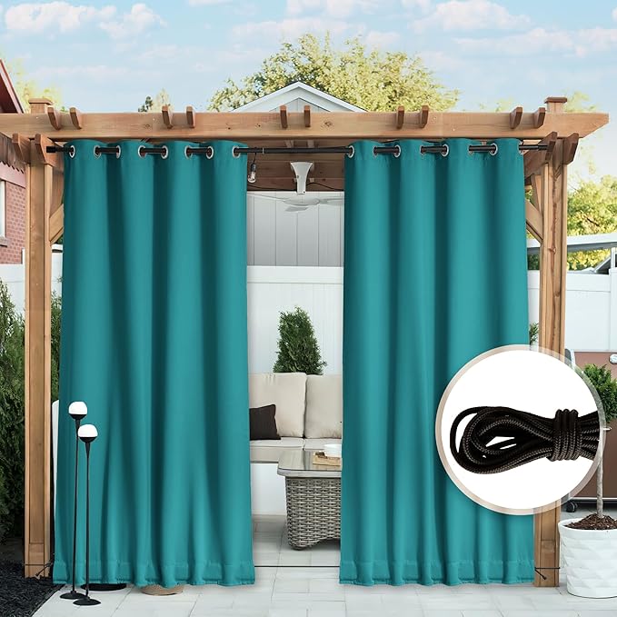 NICETOWN 2 Panels Weighted Blackout Outdoor Curtains for Patio Waterproof, Grommet & Back Tab on top and Bottom Windproof Privacy Thermal Drapes for Deck with Fixed Rope, W52 x L95, Peacock Teal