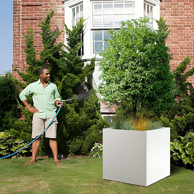 White Steel Planter Square Outdoor Planters Galvanized Steel Planter Box Indoor 32 Inch Metal Large Planters Cube Heavy Duty Flower Pot Modern Commercial Residential for Trees Patio Yard Garden
