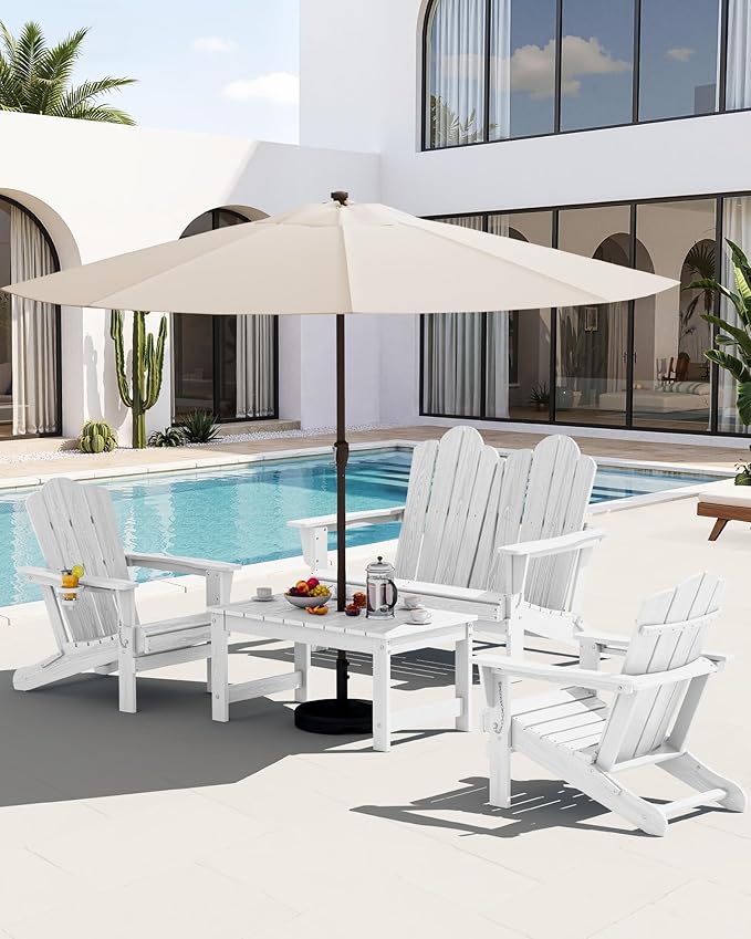 SERWALL Outdoor Coffee Table with 9FT Umbrella, HDPE Patio Coffee Table for Outside, Rectangle, White(Not Include Umbrella Base)