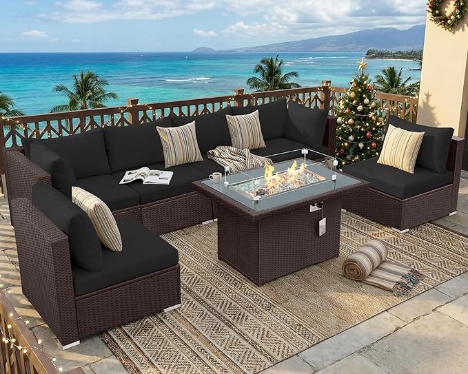 NICESOUL 7 Piece Outdoor Patio Furniture Set with Fire Pit Table Natural Gas/Propane, Tall Wide Deep Sectional Couch Sofa for Outside, 29.3'' High Back Backyard Sitting, Brown Rattan and Black Cushion