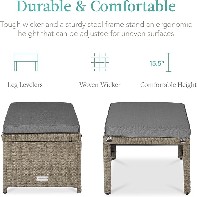 Best Choice Products Set of 2 Wicker Ottomans, Multipurpose Outdoor Furniture for Patio, Backyard, Additional Seating, Footrest, Side Table w/Removable Cushions, Steel Frame - Cement Gray/Taupe