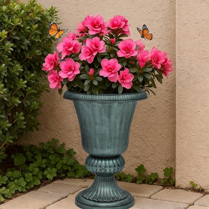 Magshion 20" Urn Planters for Outdoor Plants, Large Decorative Front Porch Planters Set of 2, Weatherproof Tall Plastic Flower Pots for Garden, Patio & Entryway Décor, Antique Green