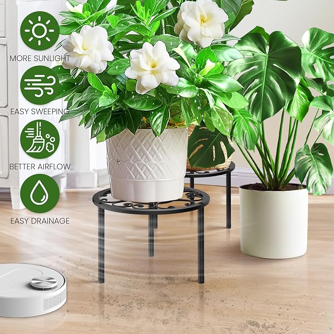 TOSKING 2-Pack Heavy Duty Metal Plant Stands - 10-inch Decorative Round Plant Stand, Adjustable Leveling Feet & Rust-Resistant Finish for Indoor/Outdoor Use