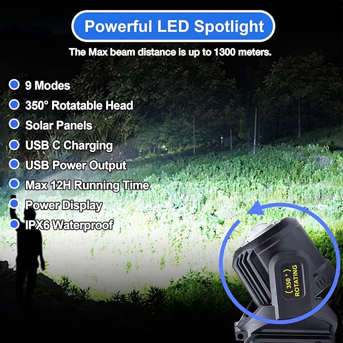 Rechargeable Spotlight Flashlight, Peascat 2,000,000L Lumens LED Handheld Spot Light, 350° Rotatable, 9 Modes, Solar & USB-C Charging, Waterproof, Emergency Flashlight for Camping, Outdoor, Car Repair