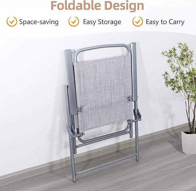 Vongrasig 6 Pieces Folding Patio Dining Set, All Weather Small Metal Outdoor Table and Chair Set, Garden Patio Furniture Set w/Umbrella, Glass Table & 4 Folding Chairs for Lawn, Backyard, Silver