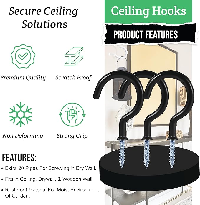 30 pcs Ceiling Hooks for Hanging Plants, Cups, Utensils and Lights - 1-1/4 inches Black Vinyl Coated Screw in Plant and Under Cabinet Cup Hooks for Wooden and Drywall with Anchors