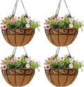 4 Pack 10 Inch Hanging Baskets for Plants Outdoor Metal Hanging Planter Hanging Flower Baskets with Coco Fiber Liners Chain Round Wire Plant Holder Hangings Flower Pots(Plaid)