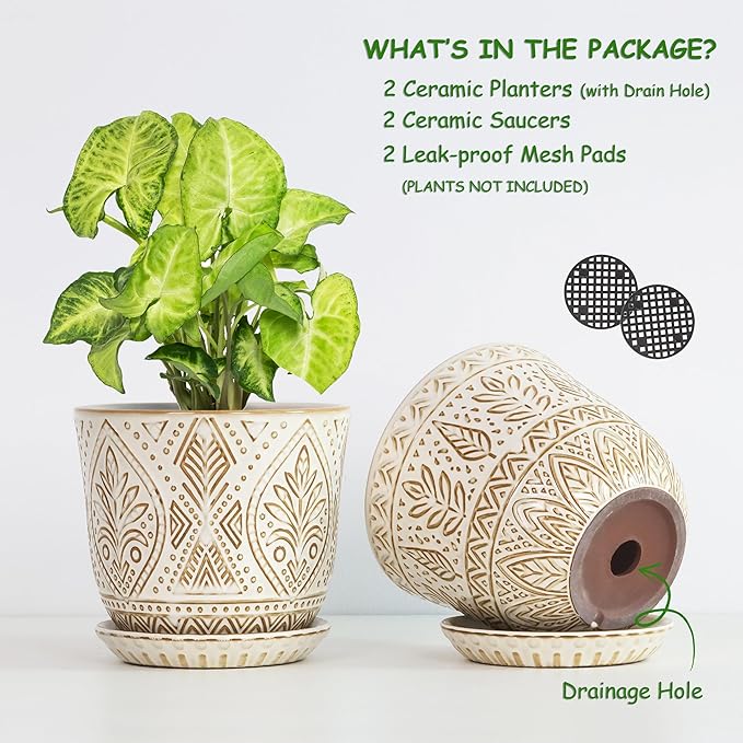 Gepege 6 Inch Ceramic Planter, White Plant Pot with Drainage Holes and Saucers for Indoor Plants, Birthday for Women Mom