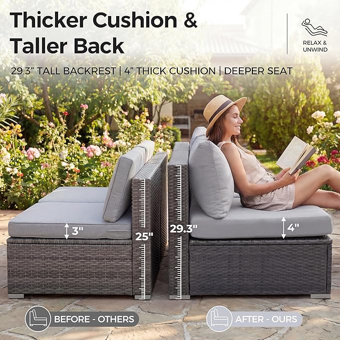 NICESOUL 11 Piece Outdoor Patio Furniture Set with Fire Pit Natural Gas/Propane, 29.3'' High Back Comfy Wicker Patio Sectional with Firepit & Chaise Lounge, 8 Seats Big Deep Couch for Backyard, Grey