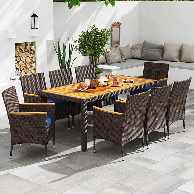 Tangkula 9 Pieces Rattan Outdoor Dining Set for 8, Outdoor Acacia Wood Table Set with 8 Cushioned Wicker Chairs, Umbrella Hole, Patio Dining Furniture Set for Deck Pool Backyard