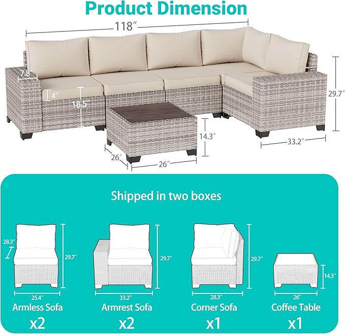 6-Piece Outdoor Patio Furniture Set Wicker Sectional Sofa Set, Patio Conversation Set with Thickened Cushions & Coffee Table for Garden, Backyard, Poolside, White