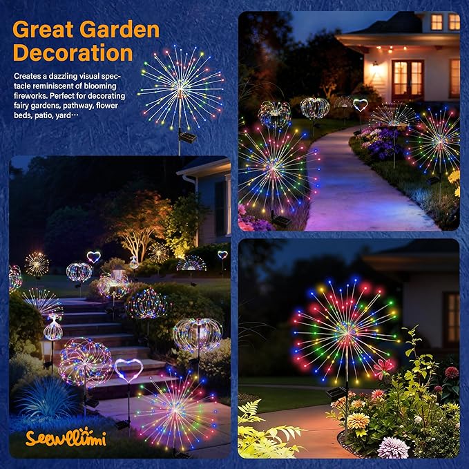 Solar Garden Lights Outdoor Decorative, 6pack 120 LED Firework Lights Waterproof，Solar Fairy Lights for Outside,Garden,Yard, Patio,Pathway,Flowerbed,Party(Multicolor)