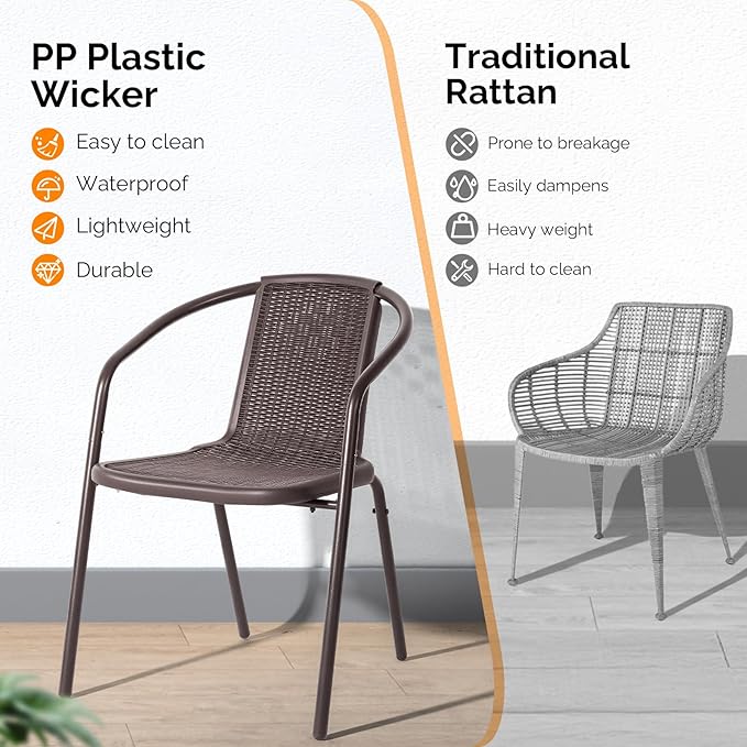 VINGLI PE Rattan Outdoor Dining Chairs Set of 2, Plastic Stackable Patio Chairs for Indoor, Porch, Restaurant, Garden, Brown
