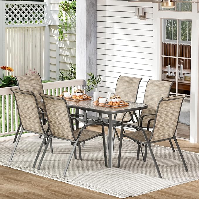 TLSUNNY 7 Pieces Patio Dining Set, Outdoor Table and Chairs W/1.69″ Umbrella Hole, 30"X 55" Table and Stackable Textilene Chair, All Weather Patio Furniture Set (Umbrella not Included) (Brown)