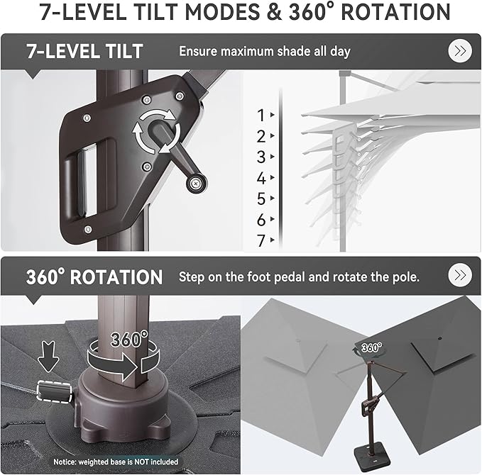 10 X 13 FT Cantilever Outdoor Patio Umbrella with Base Included Large Heavy Duty 360° Rotation Double Top Offset Rectangular Umbrellas with Led Lights for Backyard Outside Deck,Grey