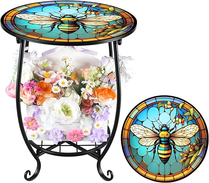 Outdoor Side Table Round Small Mosaic Patio Accent Indoor End Plant Coffee Tea Table for Yard Patio Porch Garden Living Room, Bedroom(Bee Style,14 Inch)