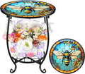 Outdoor Side Table Round Small Mosaic Patio Accent Indoor End Plant Coffee Tea Table for Yard Patio Porch Garden Living Room, Bedroom(Bee Style,14 Inch)