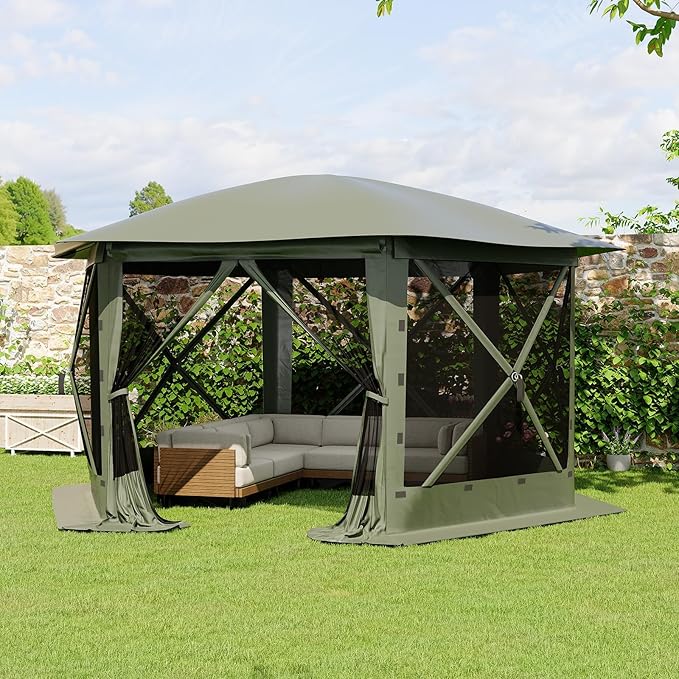 11.5x11.5FT 6-Sided Pop Up Gazebo Tent，One-Push Setup Canopy Tent with Mesh Panels & Removable Wind Cloths, Outdoor shelter for Camping, Backyard Parties, Outdoor Events - Army Green