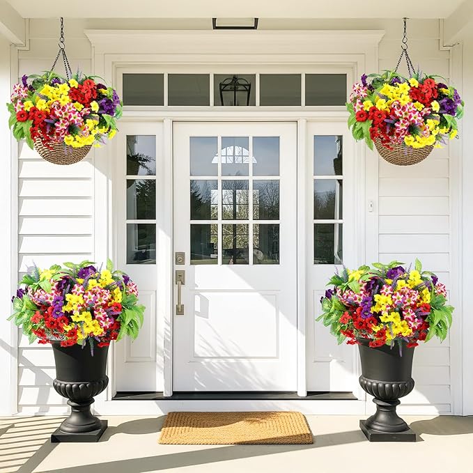 HOHOTIME 21 Bundles Artificial Flowers for Outdoors, No Fade Fake Plastic Flowers Faux Plants, Eucalyptus Morning Glory for Hanging Planters Garden Porch Window Box Home Wedding Farmhouse