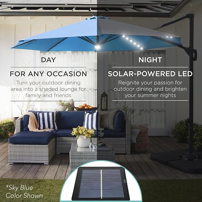 Best Choice Products 10ft Solar LED Cantilever Patio Umbrella, 360-Degree Rotation Hanging Offset Market Outdoor Sun Shade for Backyard, Deck, Poolside w/Lights, Easy Tilt, Cross Base