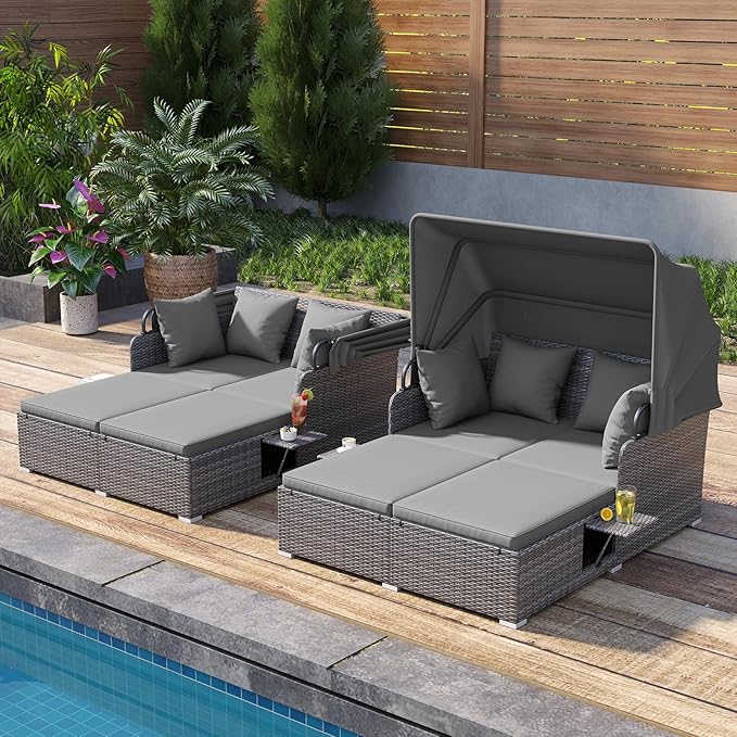 Tangkula Patio Rattan Daybed with Retractable Canopy, Outdoor Wicker Sunbed Lounger with 2 Foldable Side Tables, Thick Seat & Back Cushions, Outside Double Daybed for Garden, Backyard, Porch, Grey