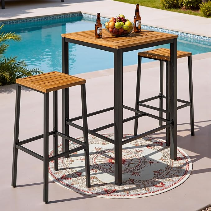 Devoko Acacia Wood Outdoor Patio Bar Set for 2, Square Counter Height Table with 2 Stools, Dining Bar Set for Garden, Deck, Pool Side, Dining Room, Kitchen, Living Room