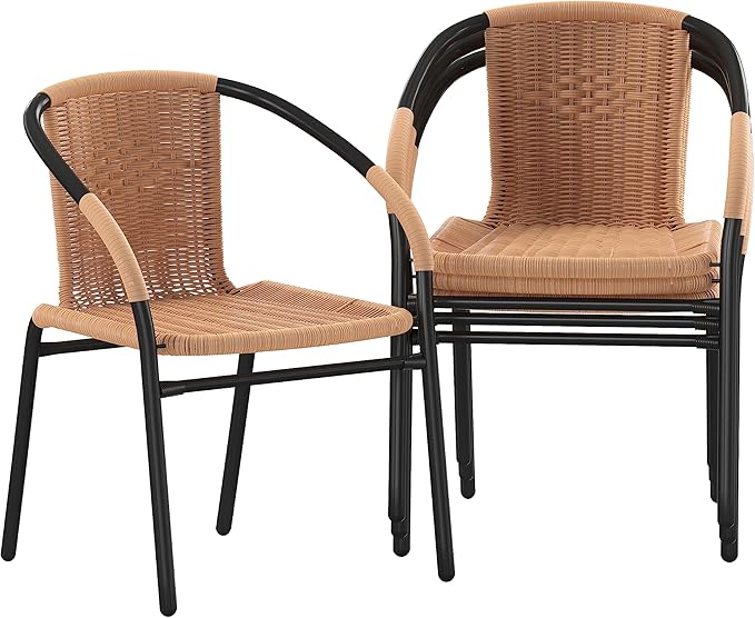 EMMA + OLIVER Set of 4 Modern Rattan Indoor/Outdoor Stack Chairs, Stacking Rattan Patio Chairs with Curved Back and Cross Bracing, Beige