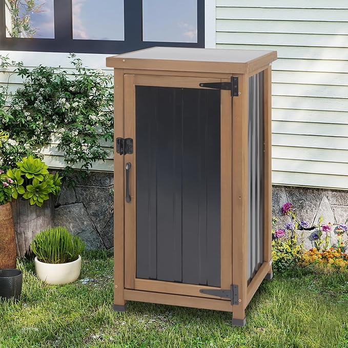 Small Outdoor Storage Cabinet Weatherproof, Wood Garden Potting Bench Table with Removable Shelves, Metal Top, Outdoor Cabinet Work Station for Patio, Backyard, Brown,17.9''x17.9''x33.5''