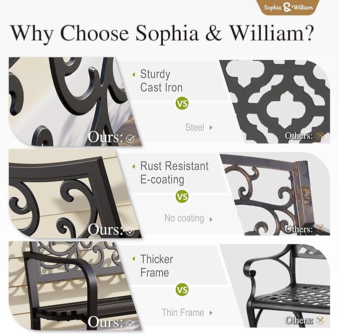 Sophia & William Outdoor Bench, Metal Garden Bench, Cast Iron Park Benches for Outside with Floral Design Backrest, Black