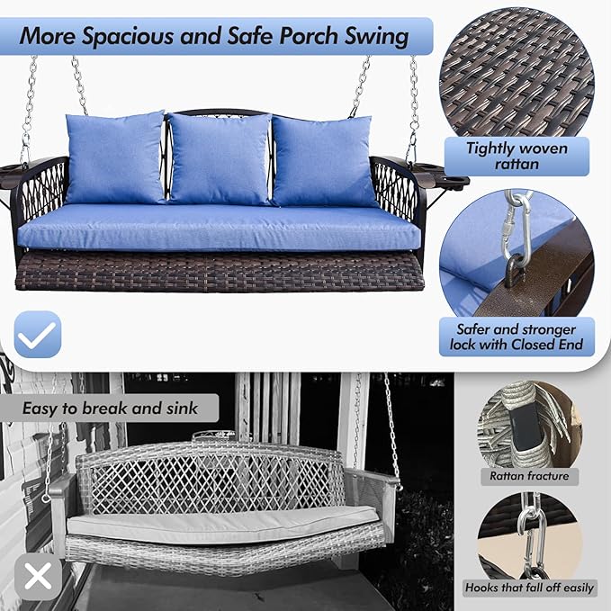 Wicker Porch Swing Heavy Duty 900 LBS 3-Seat Outdoor Patio Swing Chair with Cushions & 8.9ft Chains Outdoor Hanging Bench with Upgraded Cup Holders for Garden Deck Backyard