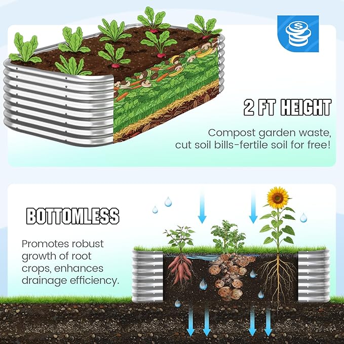 Quictent Galvanized Tall Raised Garden Bed Kit, 8x4x2 ft Oval Large Planting Box, for Vegetables Outdoor Strengthened by Crossbar (Silver)