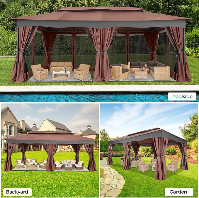 COBIZI Gazebo 12x20 Heavy Duty Gazebos with Curtain and Netting Outdoor Gazebo Canopy Double Roof Patio Gazebos with Metal Steel Frame for Patio, Deck, Backyard-Brown