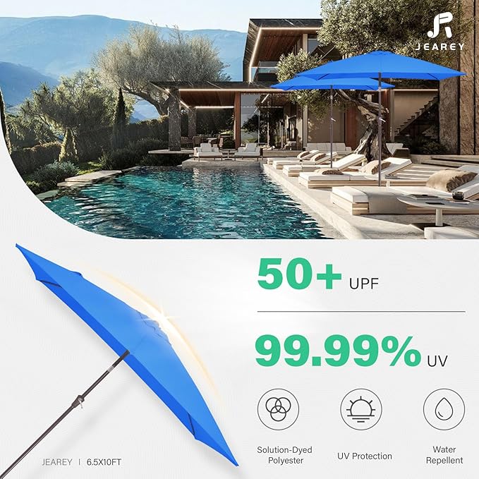 JEAREY 6.5x10 ft Rectangular Patio Umbrellas Rectangle Outdoor Umbrella with Push Button Tilt and Crank, Market Table Umbrella 6 Sturdy Ribs UV Protection for Poolside Garden Backyard Deck, Royal Blue
