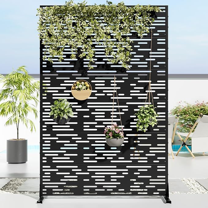 Casaphoria 72" H x 47" W Metal Privacy Screen, Outdoor Freestanding Decorative Divider for Patio, Deck, Balcony, and Garden with Stable Base, Black-Godfrey