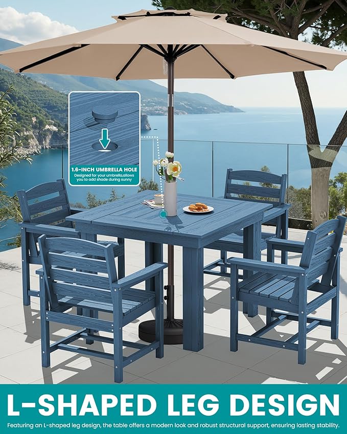 SERWALL Outdoor Dining Set for 4, HDPE Square Table and Chairs Set All Weather Patio Dining Set, 5-Piece Patio Dining Furniture for Deck, Blue